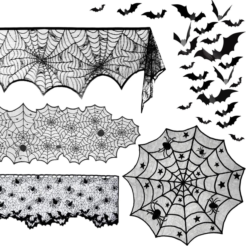 Beeager 5 Pack Halloween Spider Decorations Sets -Halloween Fireplace Mantel Scarf & round Table Cover & Lace Table Runner & Cobweb Lampshade & 60 Pcs Scary 3D Bat for Halloween Party Decors  Beeager   