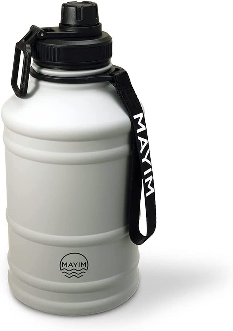 Mayim Stainless Steel Reusable Large Water Bottle Jug | for Sports, Gym, Camping & Outdoors | 2.2L/ 74Oz/ Half Gallon | Premium Collection | Single Walled | Chug Lid | Carry Handle & Strap (Blue) Sporting Goods > Outdoor Recreation > Winter Sports & Activities Mayim Grey  