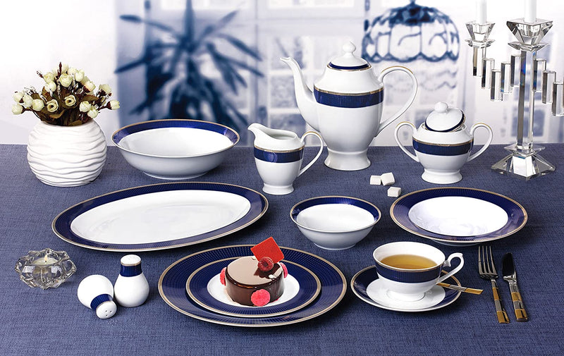 Lorren Home Trends Midnight-57 57 Piece Dinnerware Set-Bone China Service for 8 People-Midnight, Blue