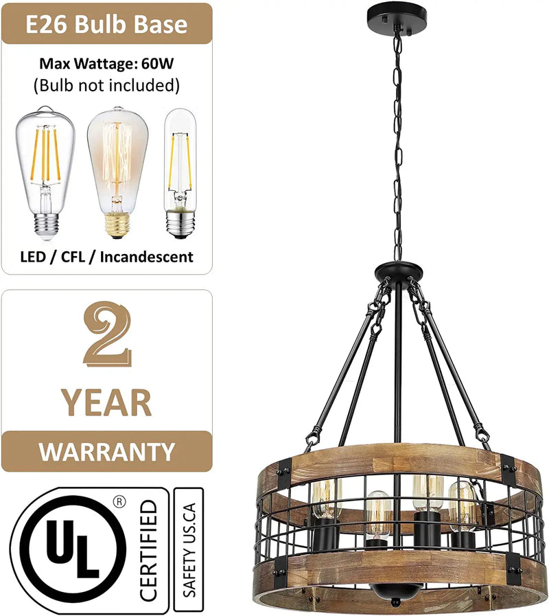 ACNKTZ Farmhouse Rustic Chandelier Light Fixture, 4-Light round Hanging Pendant Lighting for Dining Room Entryway Kitchen Island Foyer Breakfast Area, Black Wood and Black Metal Finish Home & Garden > Lighting > Lighting Fixtures > Chandeliers ACNKTZ   