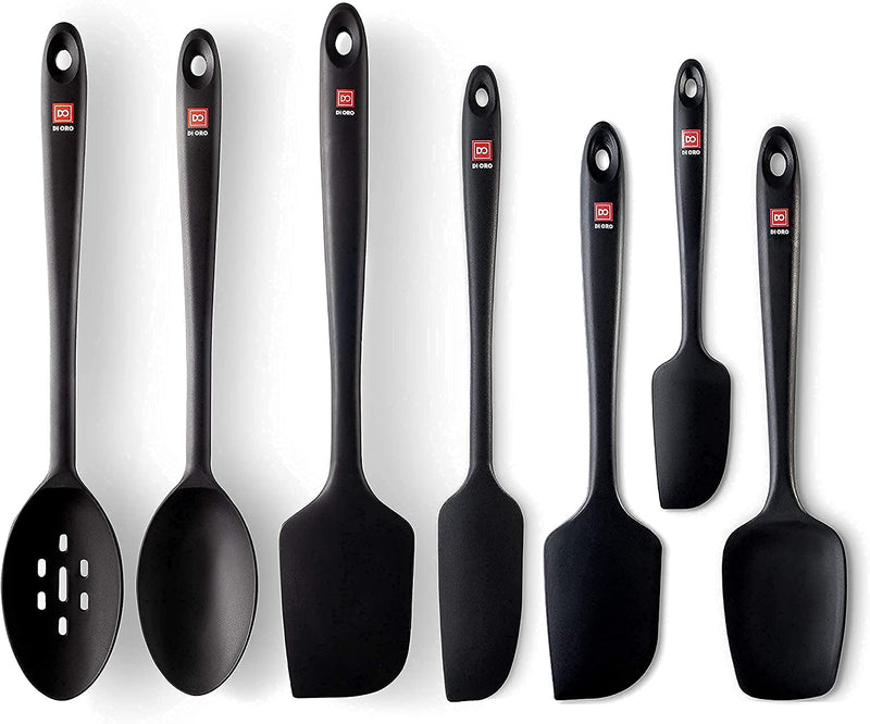 DI ORO Seamless Series 7-Piece Silicone Utensil Kitchen Set - 600°F Heat-Resistant Rubber Cooking and Baking Tools - Food Grade, BPA Free, and LFGB Certified Silicone - 5 Spatulas and 2 Spoons (Black)