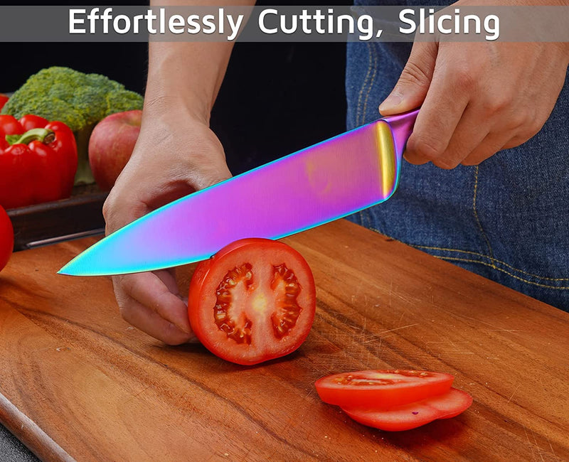 Kitchen Knife Set 5 Piece WELLSTAR, Razor Sharp German Stainless Steel Blade and Comfortable Handle with Rainbow Titanium Coated, Chef Carving Bread Utility Paring for Cutting and Peeling, Gift Box Home & Garden > Kitchen & Dining > Kitchen Tools & Utensils > Kitchen Knives WELLSTAR   