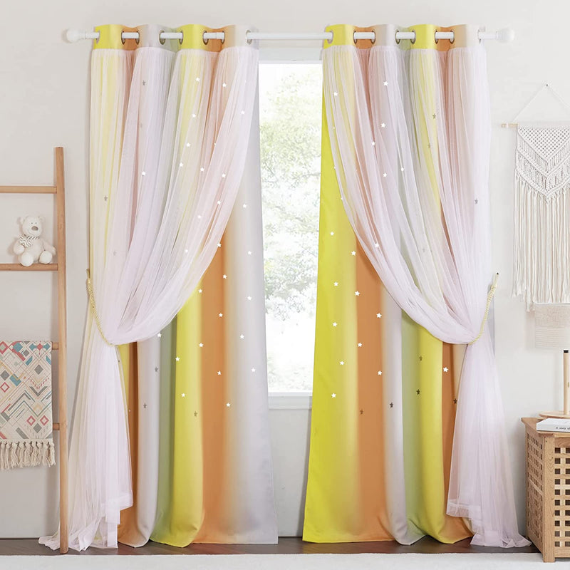 NICETOWN Stars and Moon Hollow-Out Blackout Curtains for Kids Room / Nursery, Grommet Top 2 Layer Window Treatment Curtain Panels for Living Room / Thanksgiving (2-Pack, W52 X L84 Inches, Navy Blue) Home & Garden > Decor > Window Treatments > Curtains & Drapes NICETOWN Yellow & Orange & Grey W52 x L84 