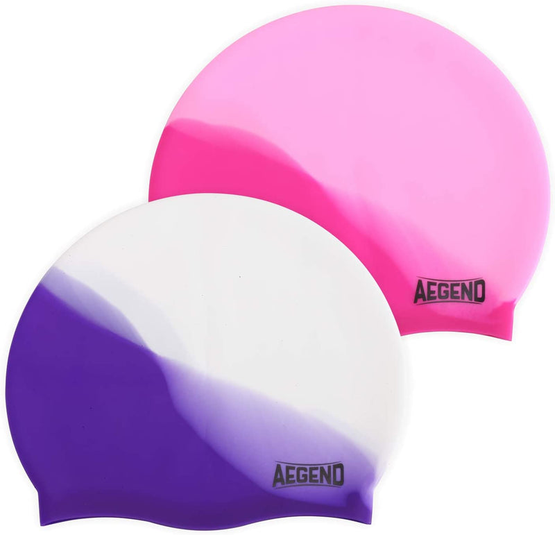 Aegend 2 Pack Kids Swim Cap for Age 4-12, Durable Silicone Swimming Cap for Boys Girls Youths, Comfortable Fit for Long/Short Hair, 3 Colors Sporting Goods > Outdoor Recreation > Boating & Water Sports > Swimming > Swim Caps Aegend   
