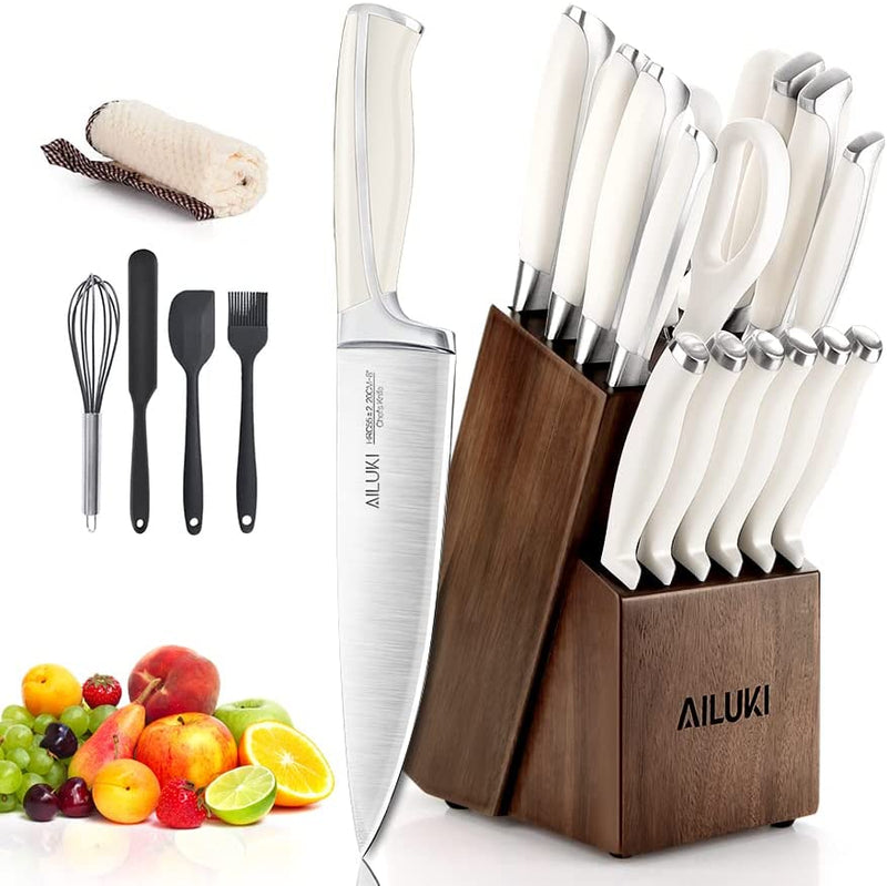 Knife Set,18 Piece Kitchen Knife Set with Block Wooden and Sharpener, Professional High Carbon German Stainless Steel Chef Knife Set, Ultra Sharp Full Tang Forged White Knives Set Home & Garden > Kitchen & Dining > Kitchen Tools & Utensils > Kitchen Knives AILUKI Ivory White  