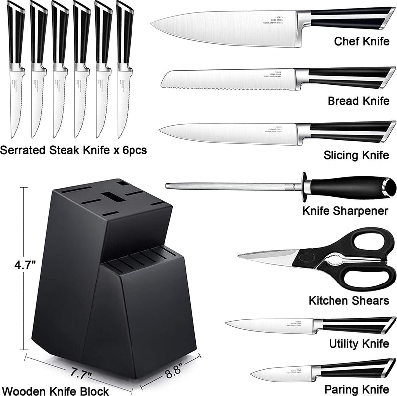 LIANYU 14-Piece Knife Set, Kitchen Knife Set with Block, Professional High Carbon Stainless Steel Chef Knife Set, Forged Knives Set with Honing Steel, Ultra Sharp