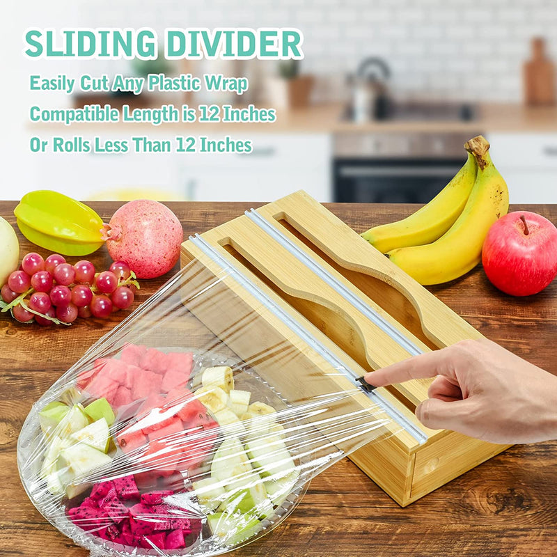 Plastic Wrap Dispenser with Cutter, 2 in 1 Bamboo Aluminum Foil Dispenser, Kitchen Wrap Organizer for Tin Foil, Wax and Parchement Paper, Compatible with 12" Roll (13.4"*5.8"*3" Inches)