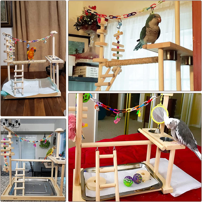 QBLEEV Parrot Playstand Bird Play Stand Cockatiel Playground Wood Perch Gym Playpen Ladder with Feeder Cups Toys Exercise Play (Include a Tray) (16" L*10" W*15" H) Animals & Pet Supplies > Pet Supplies > Bird Supplies QBLEEV   