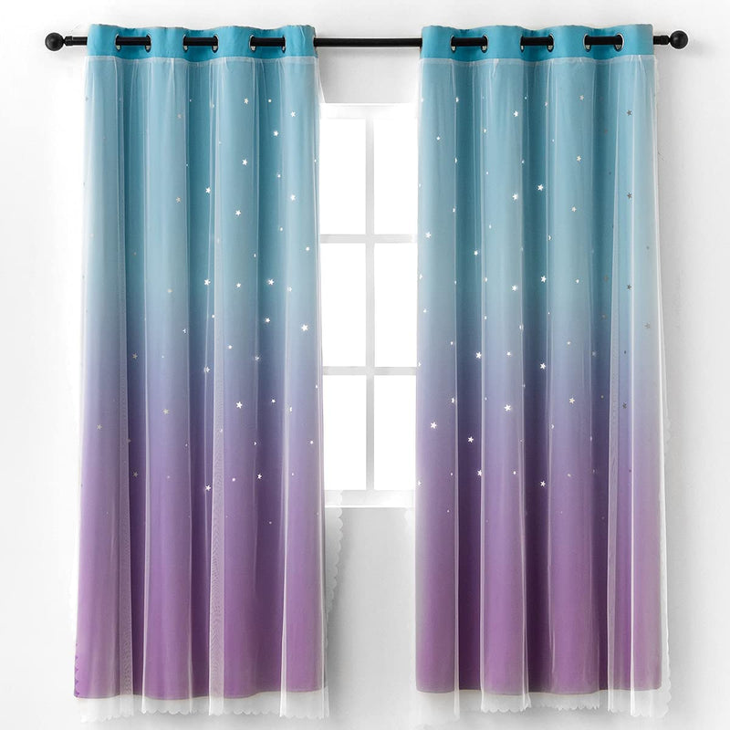 Reepow Rainbow Kids Blackout Curtains for Boys Girls Bedroom Playroom, Tulle Overlay Star Cut Out Curtains with Stainless Steel Gromment Top - 52" X 63" X 2 Panels Sporting Goods > Outdoor Recreation > Fishing > Fishing Rods Reepow Blue Purple 52×84×2 Panels 