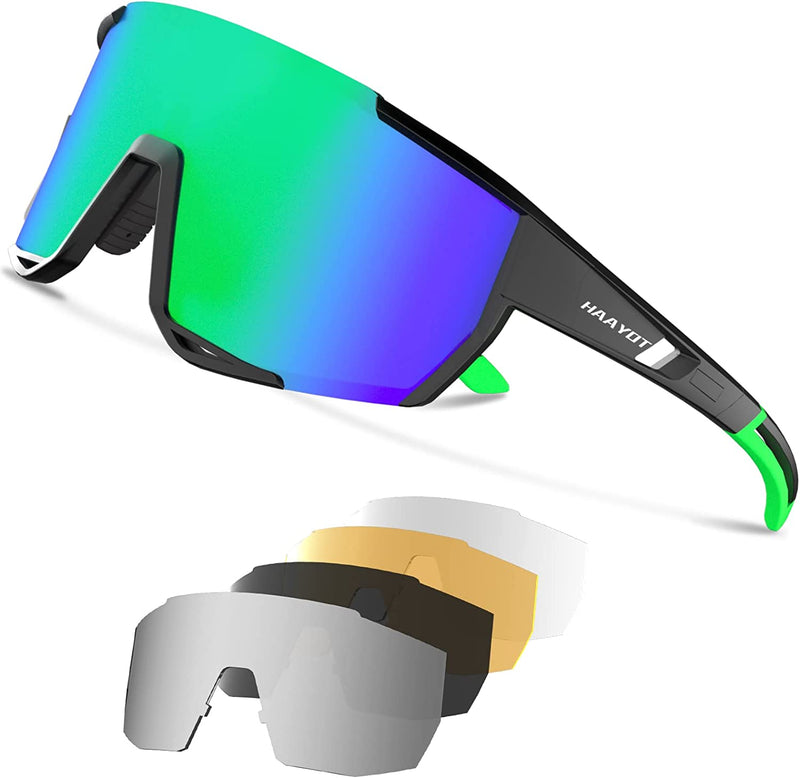 HAAYOT Cycling Glasses Polarized Baseball Sunglasses for Men Women 1 or 5 Lenses Sport Sunglasses for Fishing Driving Running Sporting Goods > Outdoor Recreation > Cycling > Cycling Apparel & Accessories HAAYOT Black Frame & Green Lens  