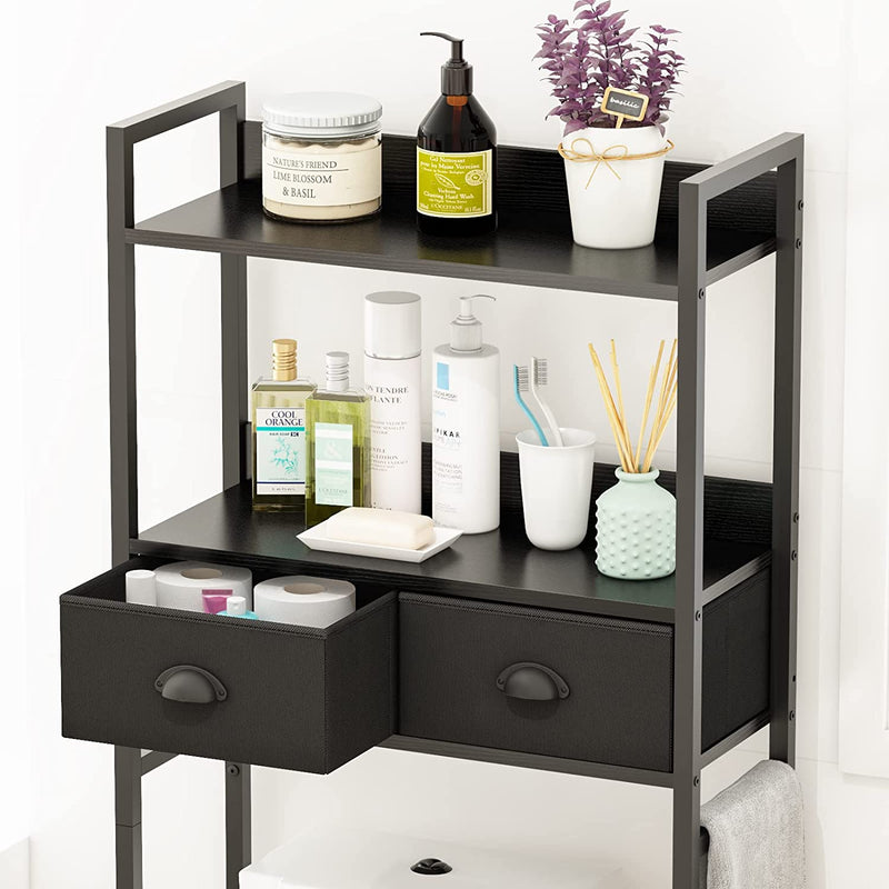 Furnulem over the Toilet Storage with 2 Fabric Drawers, 2-Tier Tall Bathroom Storage Shelf, Stable Freestanding above Toilet Stand, Space Saver Organizer Rack for Restroom, Laundry (Black) Home & Garden > Household Supplies > Storage & Organization Furnulem   