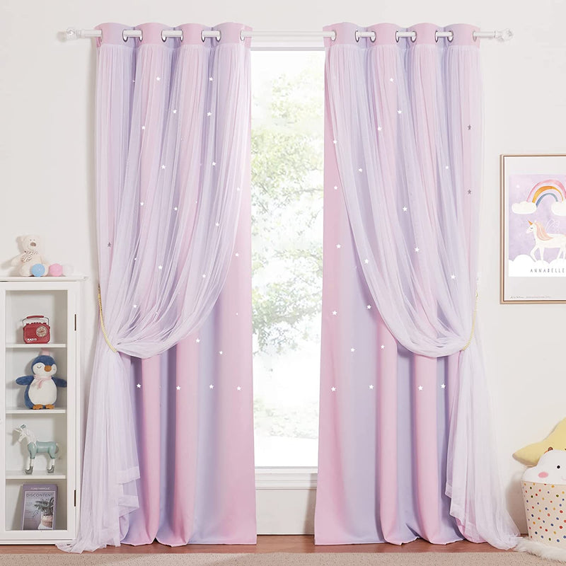 NICETOWN Stars and Moon Hollow-Out Blackout Curtains for Kids Room / Nursery, Grommet Top 2 Layer Window Treatment Curtain Panels for Living Room / Thanksgiving (2-Pack, W52 X L84 Inches, Navy Blue) Home & Garden > Decor > Window Treatments > Curtains & Drapes NICETOWN Pinke & Purple W52 x L84 