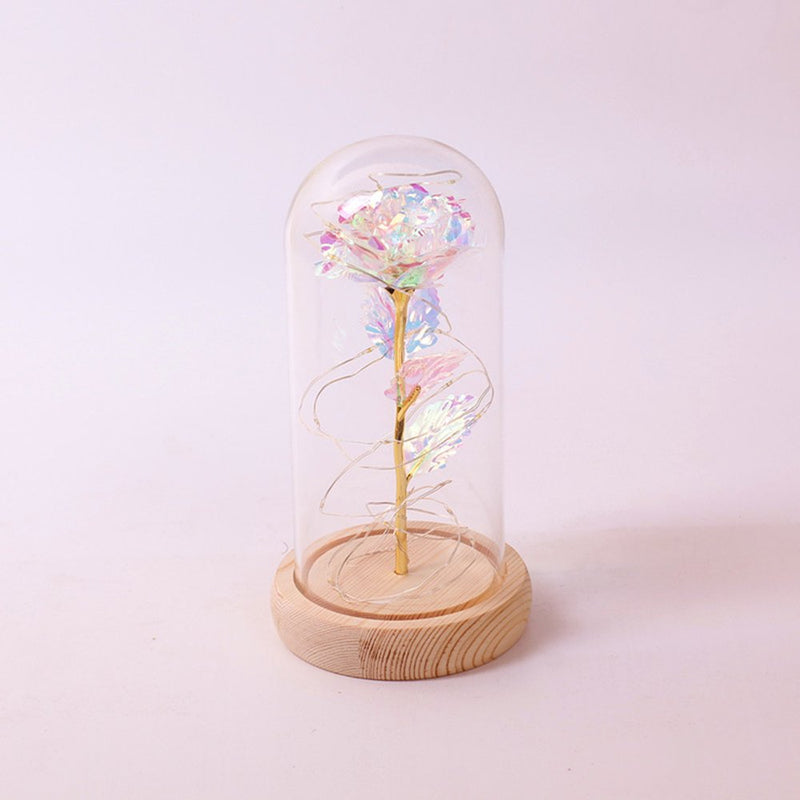 FRCOLOR Artificial Rose Glass Cover LED Light Glass Dome Lamp Romantic Flower Decor Gift for Wedding Birthday Valentine'S Day (Beige Wooden Base)