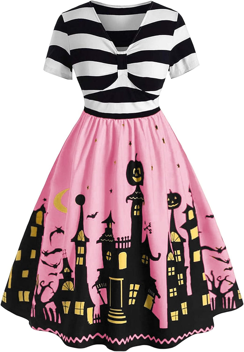 ZEZCLO Women'S plus Size Halloween Dress Funny Striped Pumpkin Halloween Costume Flared Dresses  ZEZCLO Pink Medium 