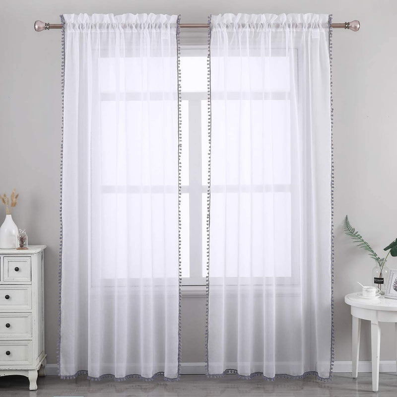 SPXTEX White Sheer Curtains 96 Inches Long Navy Pom Poms Curtains for Bedroom Light Filtering Long Semi Sheer Curtains for Living Room Farmhouse Window Treatment Curtains 2 Panels 38 X 96 Length Home & Garden > Decor > Window Treatments > Curtains & Drapes SPXTEX Gull Grey W52 x L84 