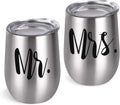 Mr and Mrs Tumblers Bridal Shower Idea for Bride and Groom, 12 Oz Wine Tumbler Wedding Idea for Newlyweds Couples Bride to Be Engagement Honeymoon, Insulated Mr Mrs Wine Tumbler Set, Set of 2 Home & Garden > Kitchen & Dining > Tableware > Drinkware GINGPROUS Silver  