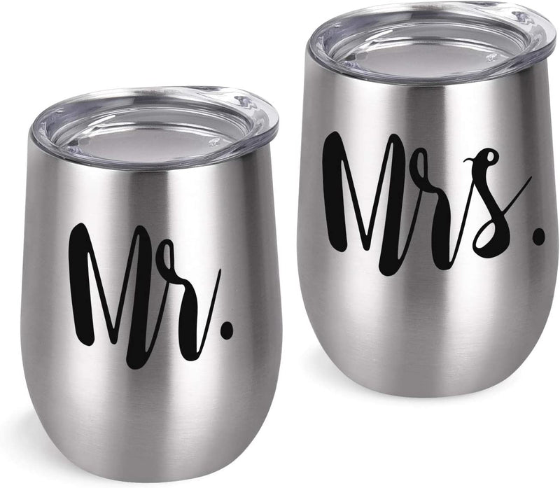 Mr and Mrs Tumblers Bridal Shower Idea for Bride and Groom, 12 Oz Wine Tumbler Wedding Idea for Newlyweds Couples Bride to Be Engagement Honeymoon, Insulated Mr Mrs Wine Tumbler Set, Set of 2