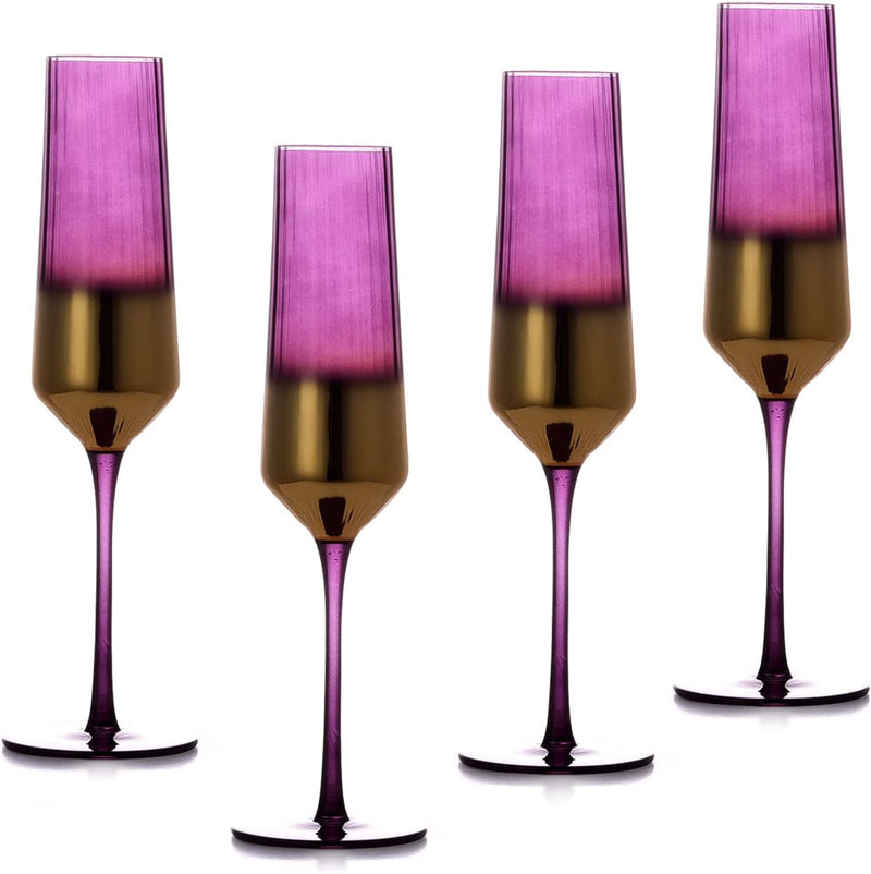 Glass Champagne Flutes Set of 4-Hand Blown Crystal Champagne Glasses-8.5 OZ Purple and Gold Gradient Design Drinkware for Wedding Birthday Anniversary Party Home & Garden > Kitchen & Dining > Tableware > Drinkware GLASS SMILE   