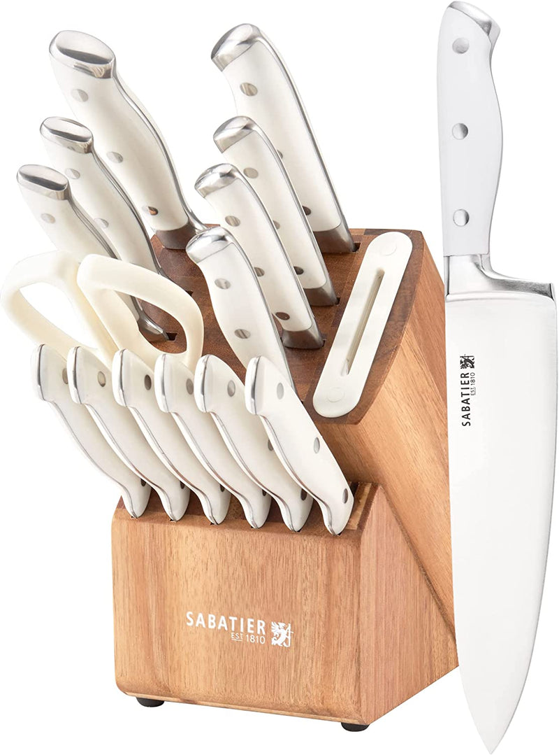 Sabatier 15-Piece Forged Triple Rivet Knife Block Set, High-Carbon Stainless Steel Kitchen Knives, Razor-Sharp Knife Set with Acacia Wood Block, White Handles Home & Garden > Kitchen & Dining > Kitchen Tools & Utensils > Kitchen Knives Sabatier White 15-Piece Edgekeeper 
