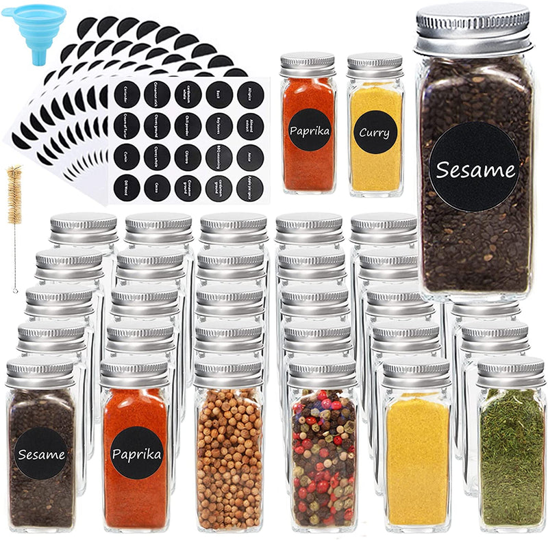 CUCUMI 30Pcs 4Oz Glass Spice Jars with Labels, Empty Square Spice Bottles Seasoning Container with Shaker Lids, Funnel,Brush, Small Glass Bottles Spice Containers Organizer for Cabinet，Spices Storage