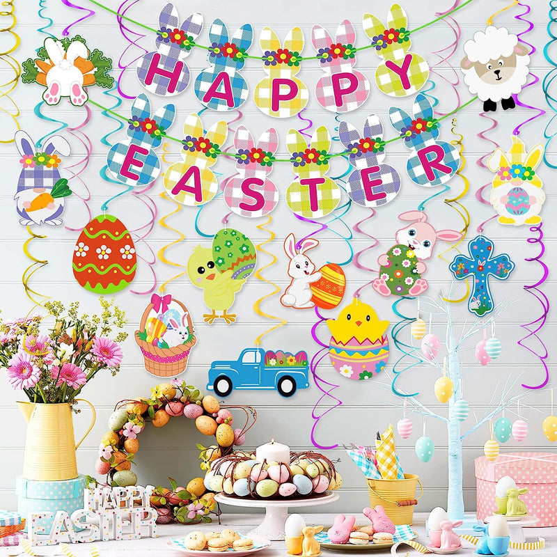 Easter Hanging Decorations Set - 24 PCS Easter Hanging Swirls and 1 Happy Easter Banner - Easter Hanging Swirl Decorations for Home Office School Party, Hanging Ornaments from Ceiling Party Supplies