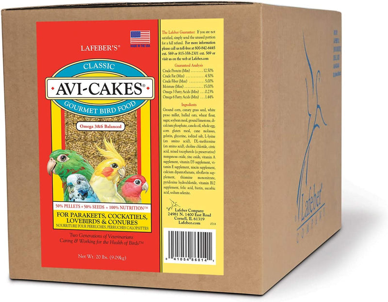 LAFEBER'S Classic Avi-Cakes Pet Bird Food, Made with Non-Gmo and Human-Grade Ingredients, for Cockatiels Conures Parakeets (Budgies) Lovebirds, 20 Lb Animals & Pet Supplies > Pet Supplies > Bird Supplies > Bird Food LAFEBER'S 20 Pound (Pack of 1)  