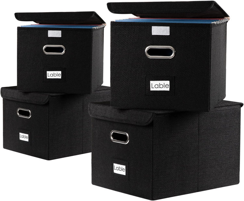 PRANDOM File Organizer Box - Set of 4 Collapsible Decorative Linen Filing Storage Hanging File Folders with Lids Office Cabinet Letter Size (15X12.2X10.75 Inch) Home & Garden > Household Supplies > Storage & Organization PRANDOM Black (4-pack) without folders 