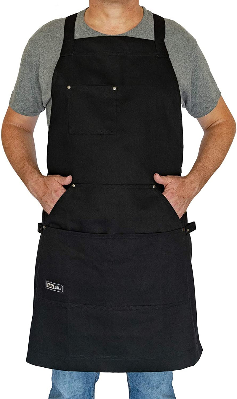 Professional Chef Apron for Men Women Cooking Kitchen BBQ Grill with Large Tool Pockets, Adjustable Size, Cotton Black, Quick Release Buckle, Dual Side Loops