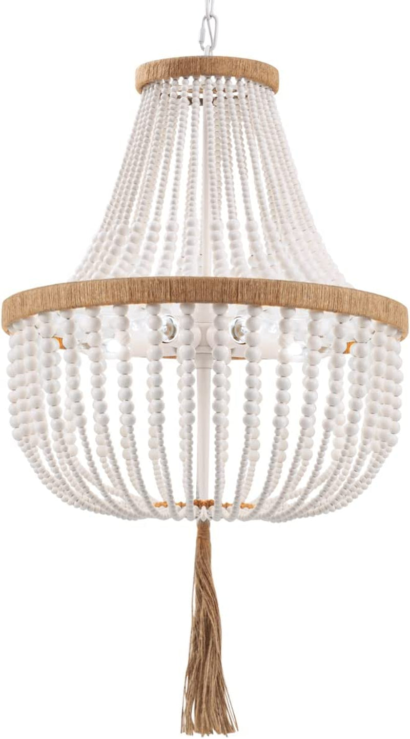ELYCCUPA 5 Lights Bohemia Wood Beaded Chandelier Farmhouse Antique Rustic Pendant Light for Bedroom Kitchen Island Dining Living Room, White, Dia 22 Inch Home & Garden > Lighting > Lighting Fixtures > Chandeliers ELYCCUPA B-Round S  