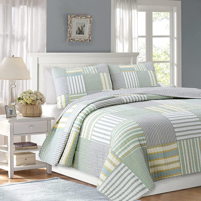Cozy Line Home Fashions Nate Patchwork Navy/Blue/Green/Red Plaid Cotton Quilt Bedding Set, Reversible Coverlet,Bedspread for Boy/Men/Him (England Patchwork, Queen - 3 Piece) Home & Garden > Linens & Bedding > Bedding Cozy Line Home Fashions Green Patchwork King - 3 piece 