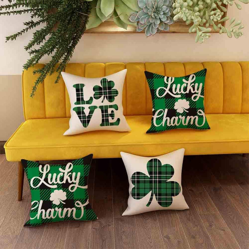 FIBEROMANCE St Patricks Day Pillow Cover 18X18 Buffalo Plaid Sharmrock Love Lucky Charm Happy Decorations Lucky Decorative Cushion Cover Pillow Case for Sofa Couch Spring Home Decor Set of 4 Home & Garden > Decor > Seasonal & Holiday Decorations FIBEROMANCE   
