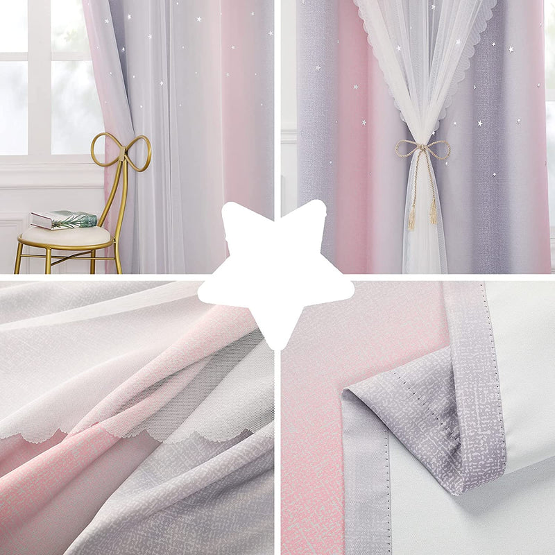 Drewin 2 Panel Girls Curtains for Bedroom 63 Inches Length Stars Cut Out Pink Blackout Curtain Kids Room Darkening 2 in 1 Rainbow Ombre Stripe Double Layer Window Drapes Nursery,52X63 in Pink & Grey