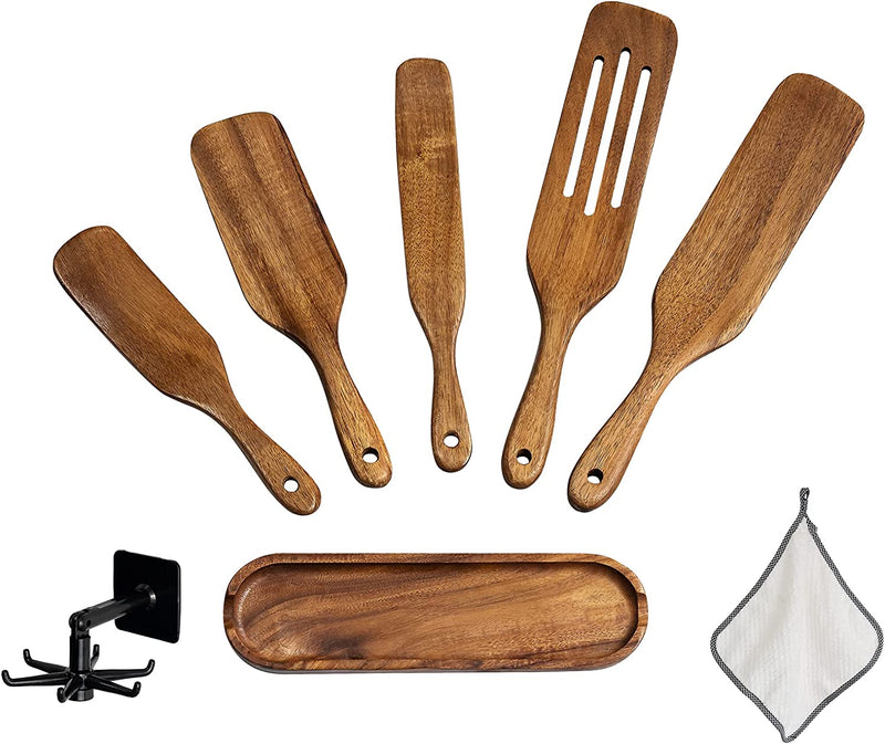 Spurtle Set - 5Pcs Wooden Spurtle Set Spatula Set - Wooden Spoons for Cooking - Spurtles Kitchen Tools as Seen on TV - for Cooking, Stirring, Mixing - with Stand and Cooking Towel Home & Garden > Kitchen & Dining > Kitchen Tools & Utensils kaixiaoru   