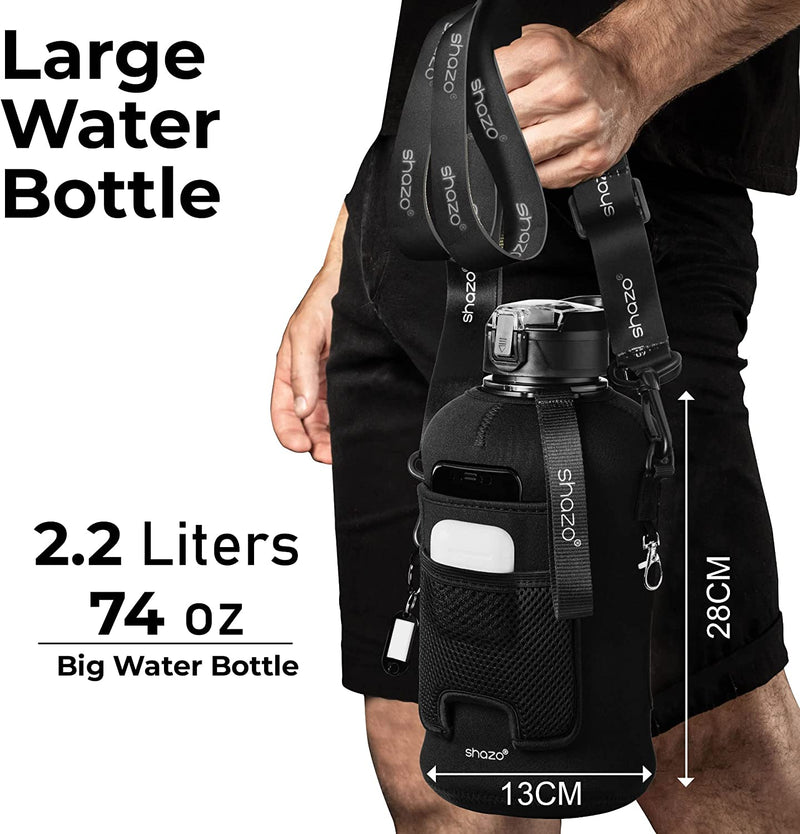 Half Gallon 2.2L Sports Water Bottle with Straw and Built in Wallet 74Oz Large Gym Drink Container, Storage Sleeve, Bottle Brush, Phone Pocket - BPA Free Big Jug, Carry Handle Aesthetic Look - Black Sporting Goods > Outdoor Recreation > Winter Sports & Activities Shazo Kitchen   