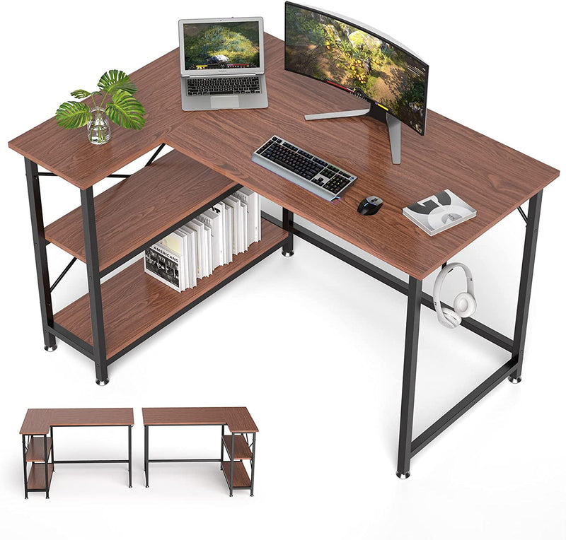 Sunyesyo L Shaped Computer Desk 47 in - Small Office Home Gaming Desk with Storage Shelves - Study Writing Corner Table, Reversible Sturdy Workstation, Work PC Desk, Beige Oak Home & Garden > Household Supplies > Storage & Organization SunyesYo Upgraded Walnut 47 in 
