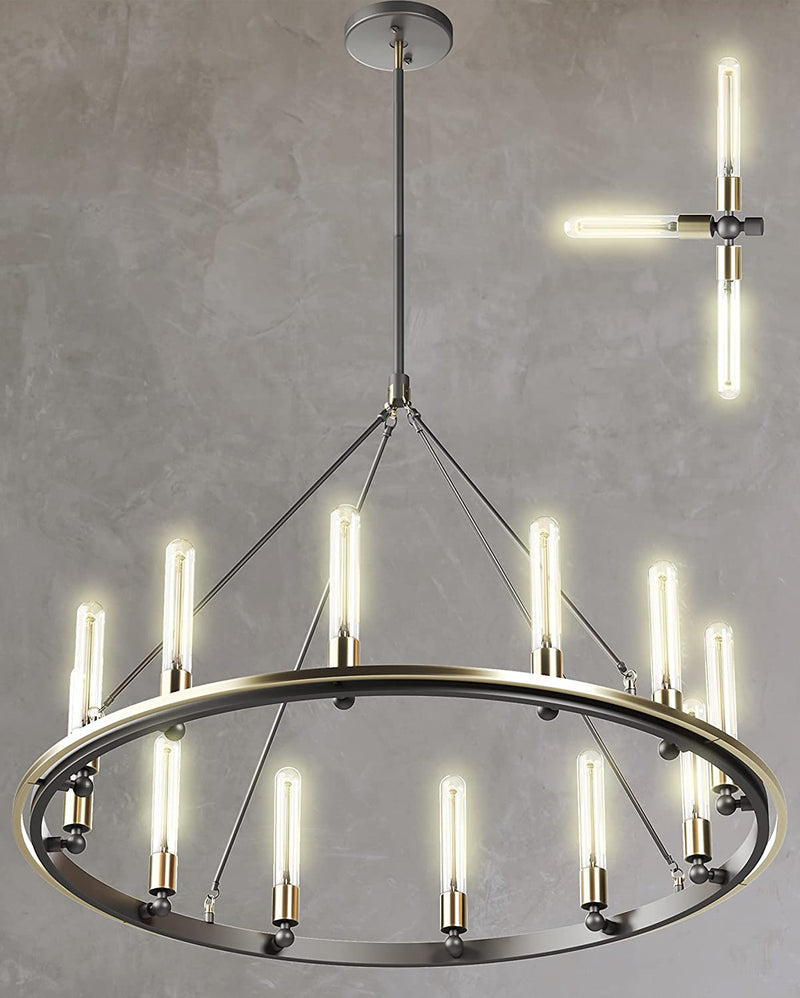 12 Light Black Wagon Wheel Chandelier Farmhouse - Included Bulbs, Adjustable Light Feature - 38" round Modern Farmhouse Lighting Chandelier - Entryway, Foyer, Kitchen Island, Dining Room Chandeliers Home & Garden > Lighting > Lighting Fixtures > Chandeliers Bohome BLACK/BRASS LONG  