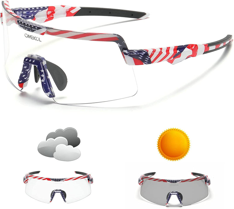 OMEKOL Photochromic Sunglasses for Men Sports Transition Cycling Glasses UV400 Mountain Bike Goggles Riding Bicycle Eyewear Sporting Goods > Outdoor Recreation > Cycling > Cycling Apparel & Accessories OMEKOL Usa Flag Frame  