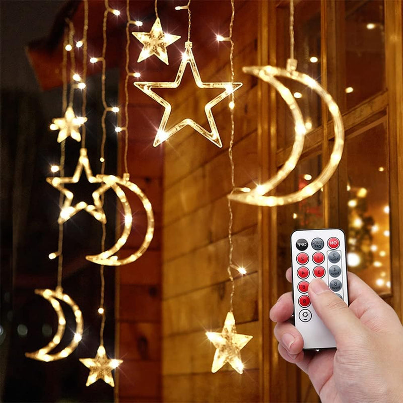 138 Leds Curtain Lights, 11.5FT Christmas Moon Star Window Fairy String Lights,Usb and Battery Powered for Indoor Window, Kid Bedroom, Patio, Front Porch, Camping, Guest Room Decoration, Multicolor  Lylyzoo Warm White + Remote Control  
