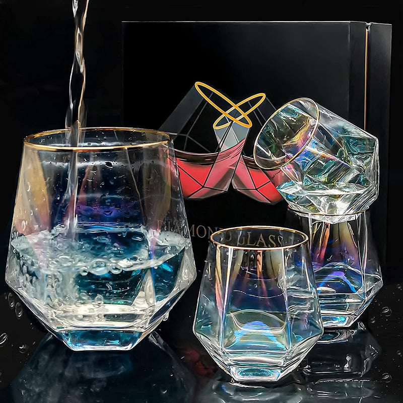 Diamond Whiskey Glasses, Set of 4 Rocks Glasses Gold Banded Cocktail Drinkware for Rum, Scotch, Bourbon or Wine Glasses, Tumblers Old Fashion Elegant Glass Father'S Day Gift for Dad Husband Men Family Home & Garden > Kitchen & Dining > Tableware > Drinkware MOJELO Rainbow  