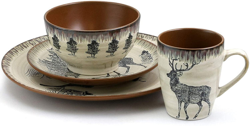 Elama round Stoneware Cabin Dinnerware Dish Set, 16 Piece, Elk Design with Warm Taupe and Brown Accents