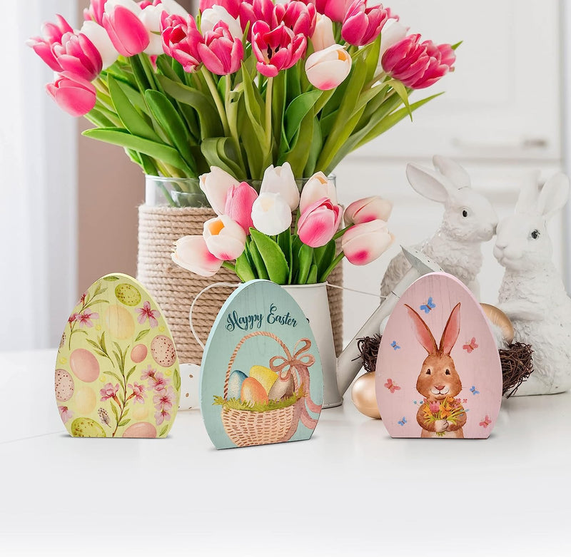 Wooden Easter Egg Table Decorations 3 Pack Decorative Spring Eggs Bunny Rabbit Flowers Design Tabletop Party Centerpiece Signs Rustic Wood Holiday Shelf Topper for Home Kitchen Office Mantle Decor Home & Garden > Decor > Seasonal & Holiday Decorations Gift Boutique   