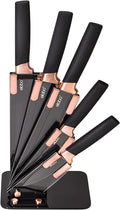 Elabo 5 Piece Black Kitchen Knife Set with Stand - Stainless Steel Non-Stick Coating Knives, Rose Gold Handle