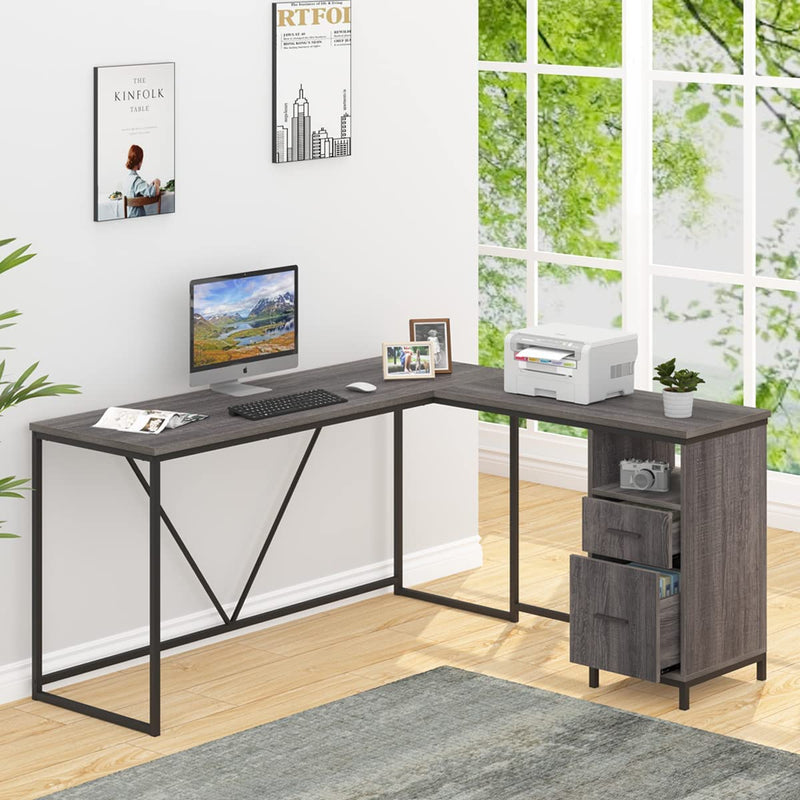 HSH L Shaped Computer Desk with Drawers Shelves for Storage, Rustic Wooden and Metal Home Office Desk, Reversible Corner Desk, Industrial Modern Work Writing Study Table Workstation, Grey 59 X 55 Inch