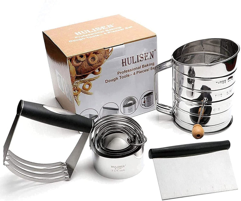 HULISEN Pastry Cutter, Dough Blender, 3 Cup Flour Sifter and Biscuit Cutter, Stainless Steel Dough Cutter, Professional Baking Dough Tools for Cooking Cookies and Donuts(4 Pcs/Set) Home & Garden > Kitchen & Dining > Kitchen Tools & Utensils HULISEN   