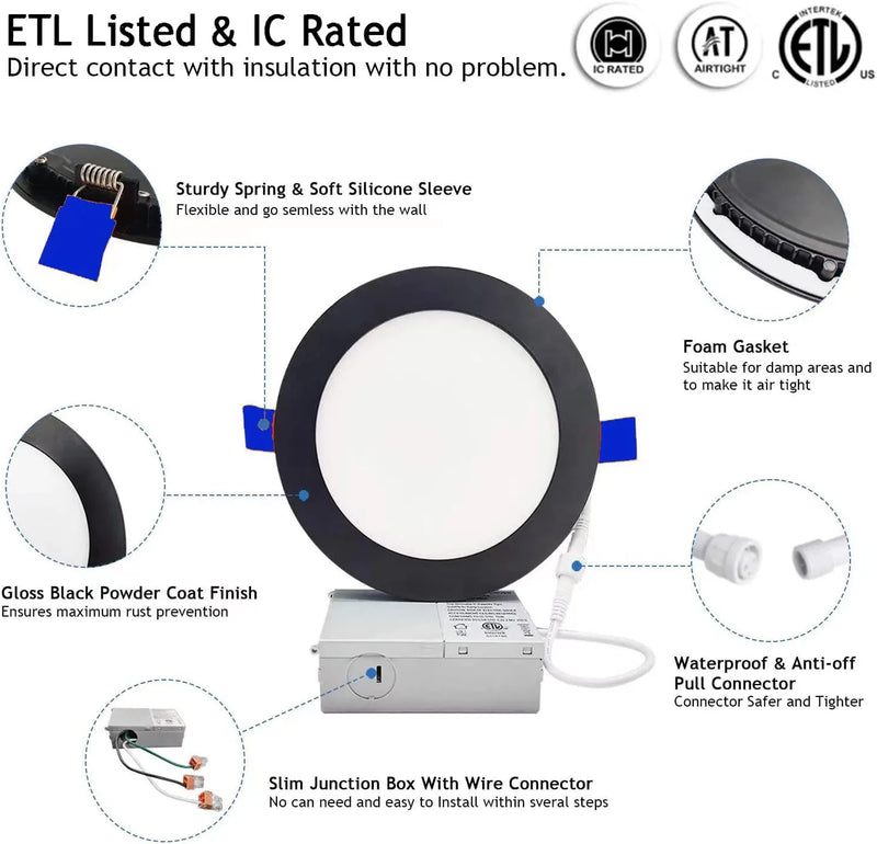 Black 6 Inch Ultra Thin Canless LED Recessed Light with Junction Box 12W 3000K-4000K-5000K Color Selectable 120V Dimmable Slim Downlight 1050LM High Brightness, CRI90, ETL List, (6 Inch 12 Pack)