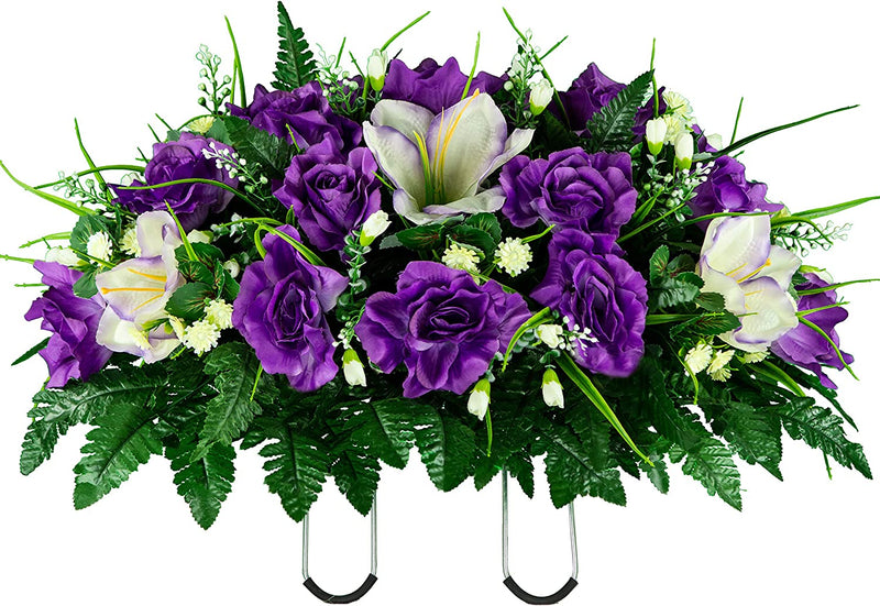 Sympathy Silks Artificial Cemetery Flowers – Realistic- Outdoor Grave Decorations - Non-Bleed Colors, and Easy Fit - Lavender Amaryllis & Purple Rose Saddle for Headstone Home & Garden > Decor > Seasonal & Holiday Decorations Rubys Silk Flowers Lavender Saddle 