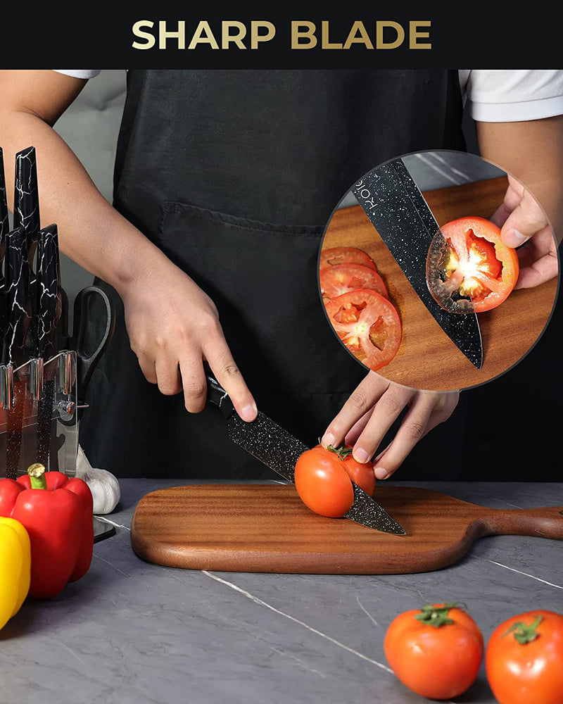 Knife Set, 16 Pcs Kitchen Knife Set, Sharp Stainless Steel Chef Knife Set with Acrylic Stand, Nonstick Knife Sets for Kitchen with Block - 6 Serrated Steak Knives, Scissors, Sharpening Steel, Black Home & Garden > Kitchen & Dining > Kitchen Tools & Utensils > Kitchen Knives KOIOS   