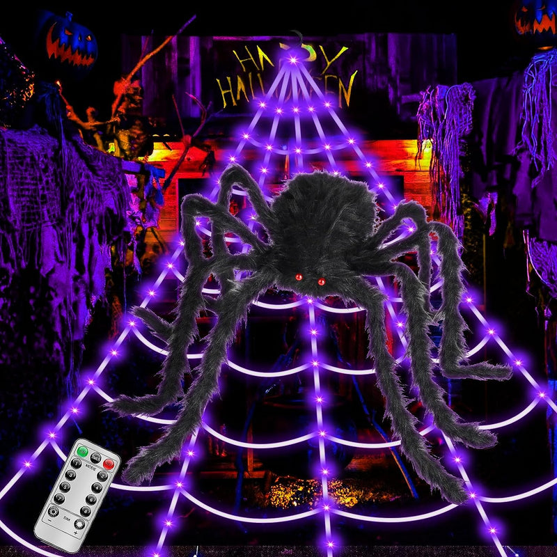 Brighter Spider Webs Halloween Decorations Lights,250 Purple LED Light Up,8 Modes 16.4Ft Giant Spiderweb with Remote Control,With Giant Spider,Halloween Decor for Yard Outside  Beforalla   