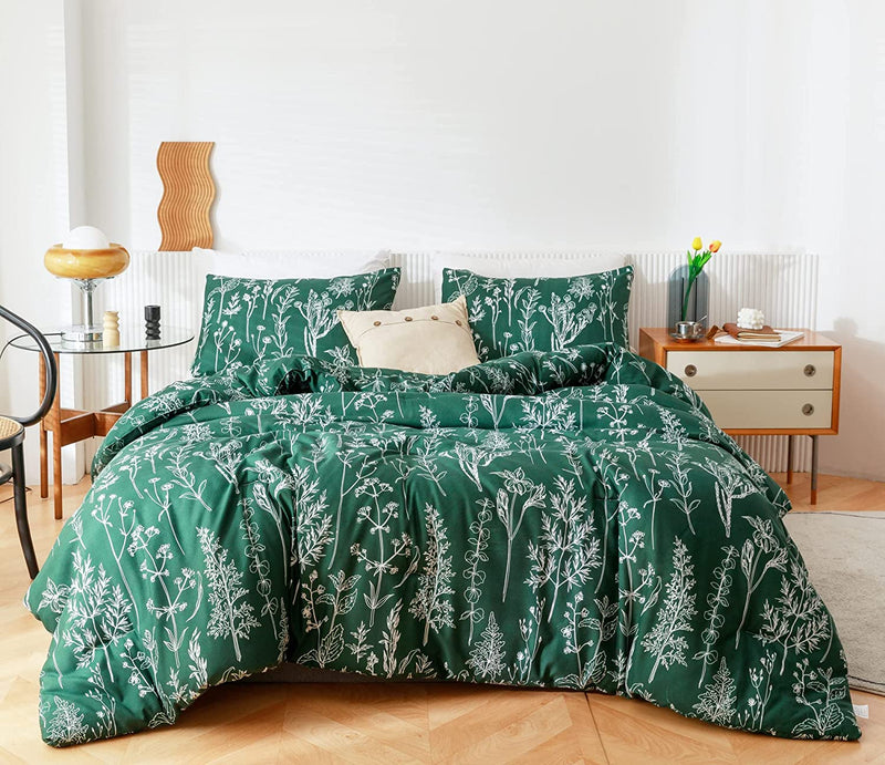 Janzaa Queen Comforter Sets Olive Green Comforter,3 PCS Bedding Sets Floral Comforter Set Plant Flowers Printed on Green Comforter Set Home & Garden > Linens & Bedding > Bedding JANZAA Emerald Queen 