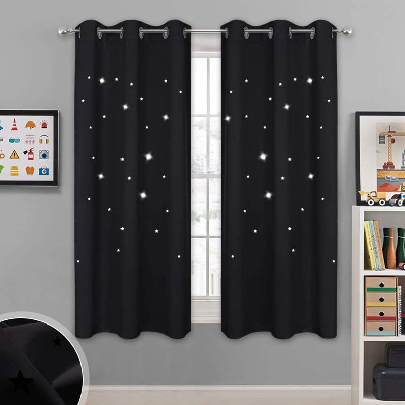 NICETOWN Magic Starry Window Drapes - Laser Cutting Stars Nap Time Blackout Window Curtains for Children'S Room, Nursery, Themed Home, Space-Lovers Decor (W42 X L63 Inches, 2 Pack, Black) Home & Garden > Decor > Window Treatments > Curtains & Drapes NICETOWN Jet Black W42 x L63 